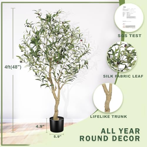 LYERSE Faux Olive Tree 4ft with Large Olive Branches and Lifelike Leaves