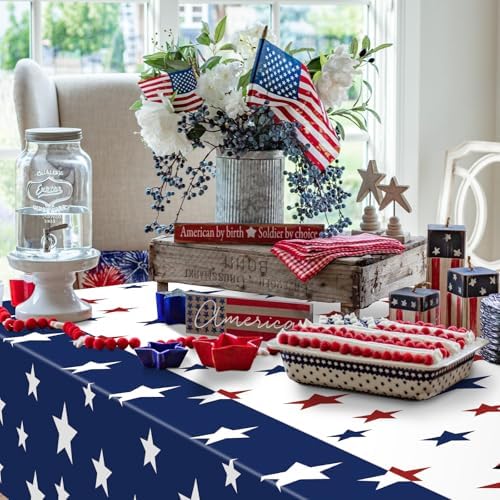 Gistome 3 Pack 54 x 108 Inch 4th of July Plastic Tablecloths, Red White Blue Stars Disposable Rectangle Table Covers for Independence Day Memorial Day Party Decorations