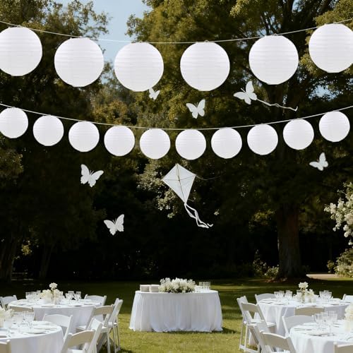 White Paper Lanterns Round Hanging Lanterns for Birthday Wedding Baby Bridal Shower Christmas New Year Party Decoration (9 PCS)