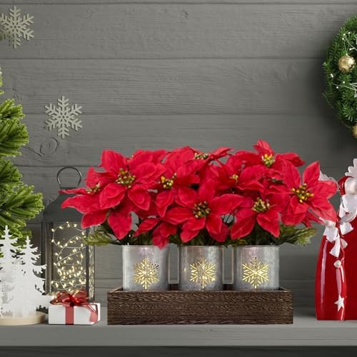 Poinsettias Artificial Christmas Flowers with LED Lights, Red Xmas Table Centerpiece in Pots and Wood Box for Decoration