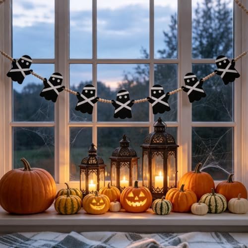 GreenD Halloween Garland Ghost Garland Banner Cute Handmade Black Felt Wood Beads Adjustable Hanging 9.84FT Fireplace Wall Table Window Indoor Outdoor Home Party Decor Supplies