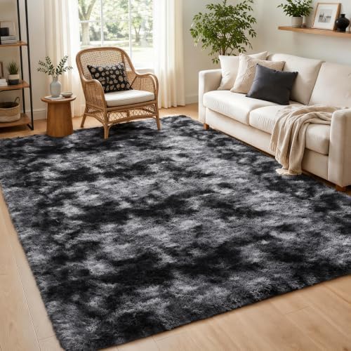 Ophanie Tie-Dyed Black & Grey Area Rugs 5x8 for Bedroom Living Room, Fluffy Shag Fuzzy Carpet, Plush Shaggy Rug, Indoor
