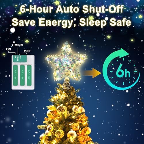 LAWOHO Christmas Tree Topper Star, Exquisite Christmas Decor, 10 Inch Shiny Iridescent Christmas Tree Decoration with 6H Timer, 20 Warm LED Lights for Xmas Tree, Holiday & Party, Indoor Decor