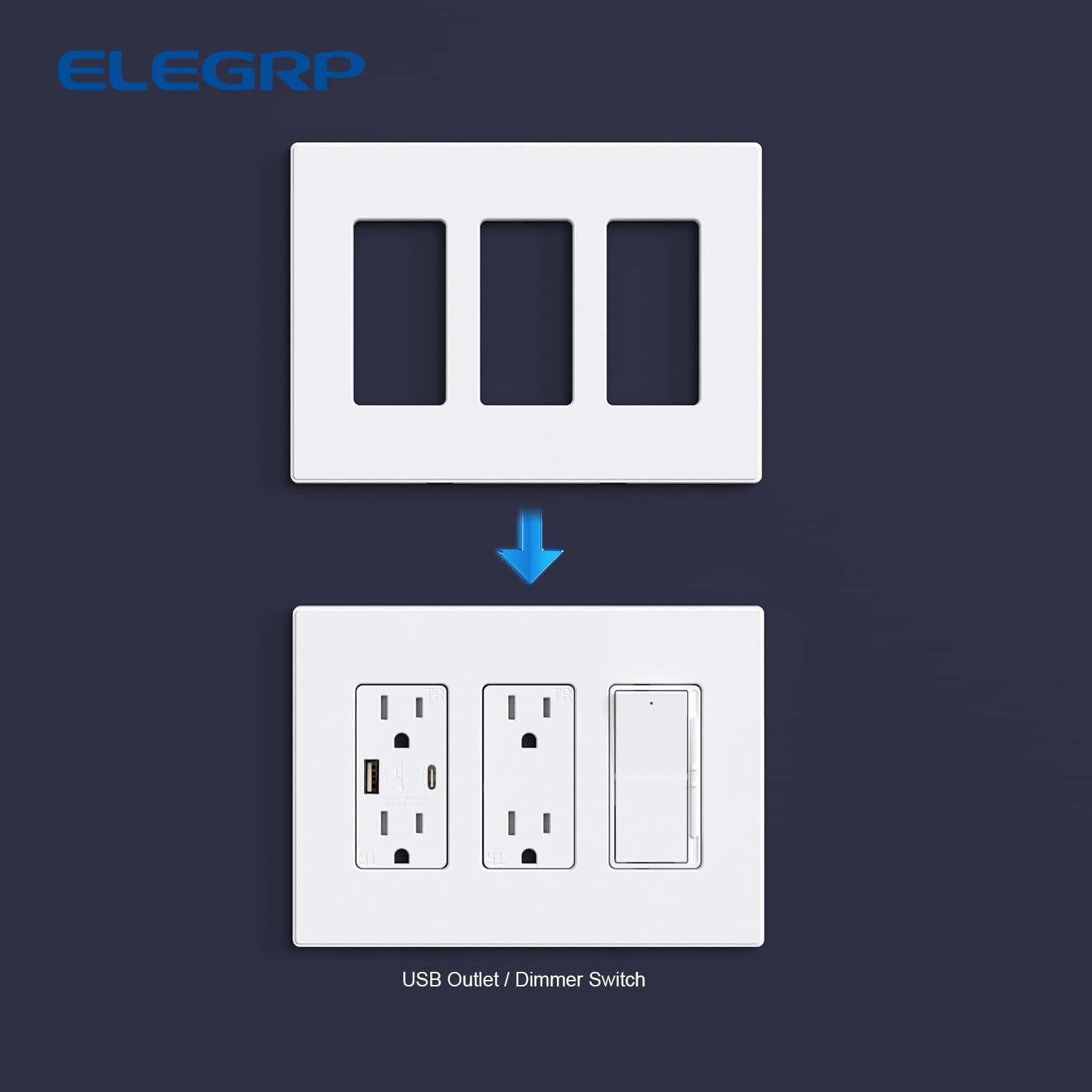 ELEGRP 3-Gang Screwless Decorative Wall Plates, Mid-Size Unbreakable Thermoplastic Faceplate Cover for Decorator