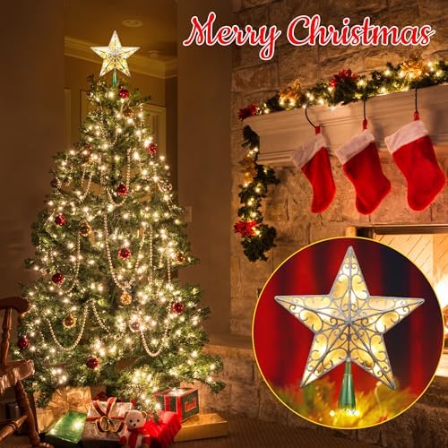 Brizled Silver Christmas Tree Topper, 9.5" 3D Xmas Star with 10 Lights