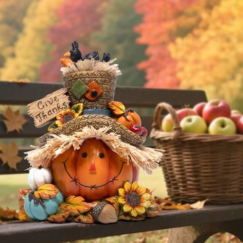 Hodao Pumpkin Figurine with Give Thanks Sign, Thanksgiving Decorations