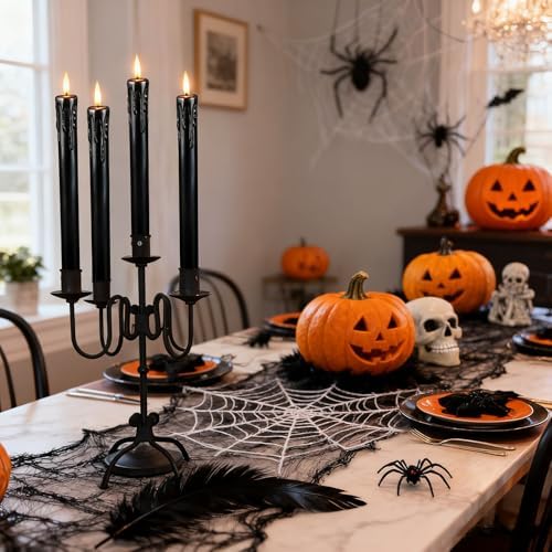 Lezonic Black Flameless Taper Candles Battery Operated with Remote, Long LED Candlesticks Flickering Real Wax Set of 6, 9.5 inch Battery Candles with Realistic 3D Flame for Halloween Decorations