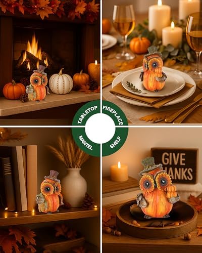 iStatue Set of 2 Thanksgiving Decorations Owl Figurines – Hand-Painted Resin Pumpkin Owls with Sunflower Eyes & Hats, 4.7” Fall Harvest Table Decor for Autumn Centerpiece (Yellow)