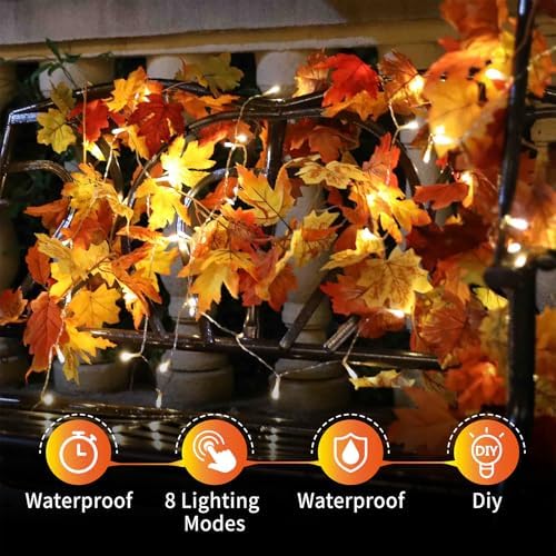 KASZOO 2 Pack Fall Maple Garland with 40 LED String Light- 5.8ft/Piece Artificial Fall Foliage Garland Autumn Decor for Home Wedding Party