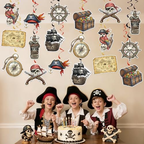 Pirate Hanging Swirls, 36Pcs Pirate Treasure Ceiling Streamers Captain Hat Skull Hanging Decorations for Pirate Themed Party Supplies