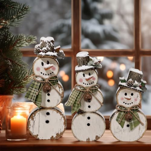 Barydat 3 Pcs Snowman Christmas Decorations Rustic Wooden Indoor Decor