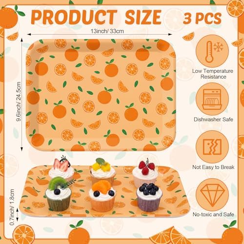 Vesici 3 Pcs Orange Serving Trays 13 x 10 Inch Little Cutie Melamine Platters Reusable Rectangular Serving Dishes for Summer Fruit Theme Birthday Party Baby Shower Picnic Sharing Snack Dessert Candy