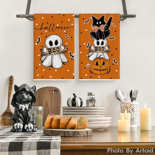 Artoid Mode Orange Cat Ghost Halloween Kitchen Towels Set of 2 18x26 Inch