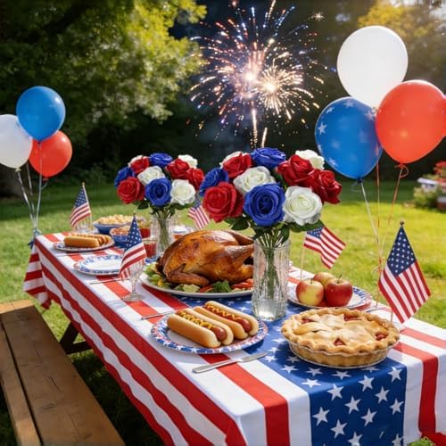 Artificial Roses Flowers, 12 Pcs Red White Blue Patriotic Long Stem Realistic Silk Roses Bouquet for 4th of July, Memorial Day Decoration (Red, White, Blue, 12-PCS)