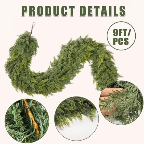 9Ft Christmas Garland,Real Touch Cedar Garland,Realistic Faux Pine Garlands
