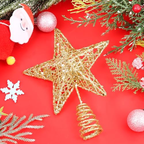 FOIMAS Christmas Star Tree Toppers, 5 Inch Gold Glitter Star Tree Topper Metal Hollow Treetop for Small Christmas Tree Indoor Party Home Decoration