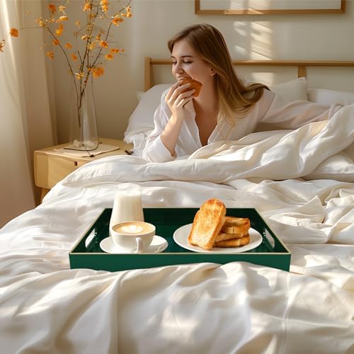 MAONAME Dark Green Decorative Tray for Ottoman, Serving Tray with Handles