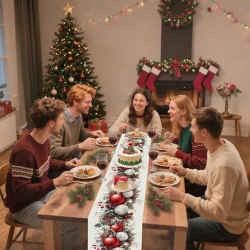 Christmas Table Runner, Seasonal Winter Kitchen Table Decoration, Suitable for Winter Christmas Family Gathering Indoor 13x72 inches (13x72 inches, Red and White Bell)