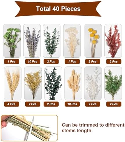 12 Kinds Dried Flower Bouquet, 17" Rustic Boho for Fall Wedding Decorations