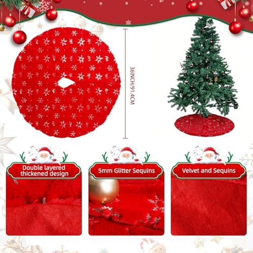 Christmas Tree Skirt Red, 36 Inch Large Soft Plush Xmas Tree Skirts, Double Layer Luxury Tree Skirt w/Silver Snowflake Sequin, Christmas Trees Decoration for Holiday Party Indoor Party Home Decor