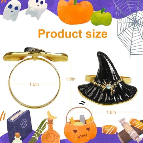 Halloween Napkin Rings Set of 6, Black Hat with Spider Napkin Rings Holders Metal Buckle Serviette for Halloween, Horror Theme Party, Autumn Holiday, Dining Table Decoration