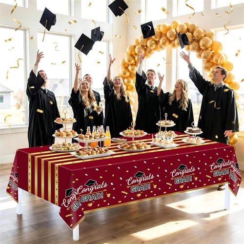 Childom 3 Pack Graduation Tablecloth,Graduation Decorations 2026 Graduation Party Decorations,54"x108"Wine Red and Gold Graduation Decorations,Disposable Plastic Table Cloth Rectangle for Grad Party