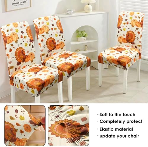 Fall Thanksgiving Chair Covers Covers Set of 6,Pumpkin Turkey Dining Chair Protectors, Elastic Removable Washable Dining Chair Covers for Fall Thanksgiving Kitchen Dining Room Holiday Decorations