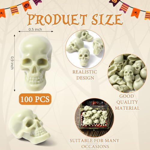 100pcs Mini Plastic Skulls Heads Miniature Skulls Halloween Skeleton Figurines for Halloween Pranks, Home Decoration, Party Supply