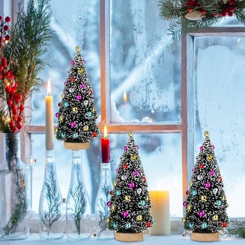 Winlyn 6 Pcs Mini Tabletop Christmas Trees 6.3 Inch Frosted Green Bottle Brush Trees with Wood Bases Small Sisal Trees with White Snow and Ornaments for Winter Christmas Holiday Decor Tiered Display