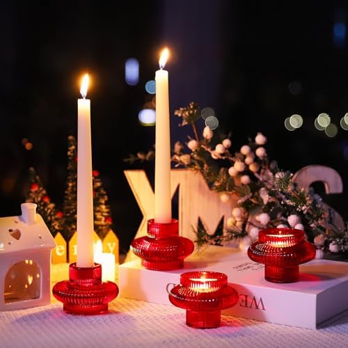 VOHO 12pcs Red Glass Taper Candle Holders for Table Centerpiece Wedding