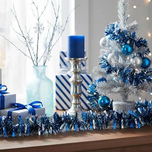 Shappy 90 ft 6 Rolls Christmas Tinsel Garland for Tree, Dark & Light Blue