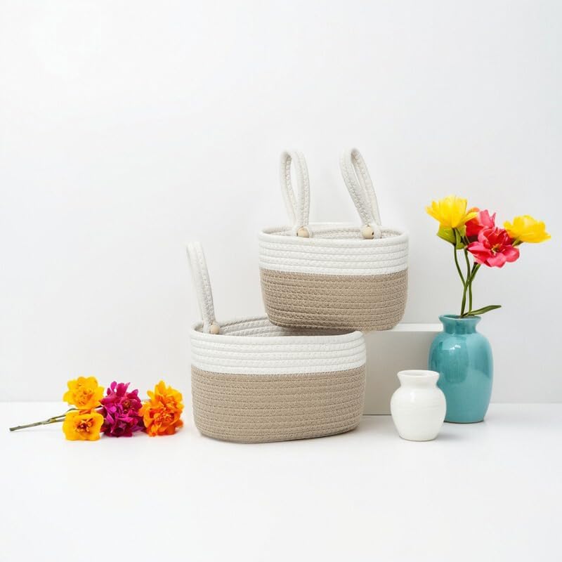 Cotton Hanging Basket for Organizing Hanging Wall Basket / Khaki White / Set of 2