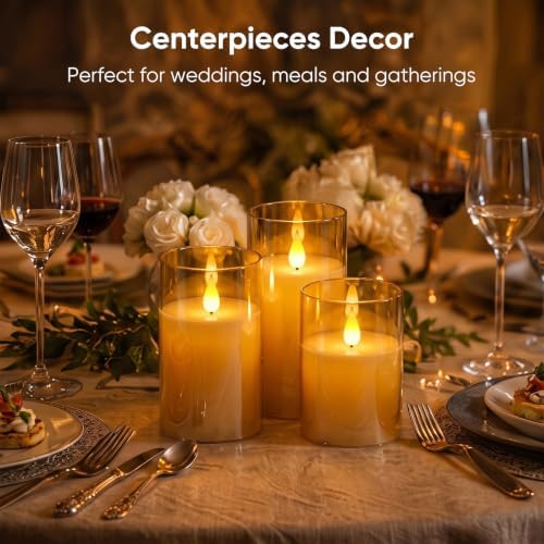 Homemory Amber Flameless Candles, Battery Operated Acrylic LED Pillar Candles with Remote Timer, Realistic Flickering Fake Candles for Home Decor, Thanksgiving, Christmas, Wedding, Set of 3