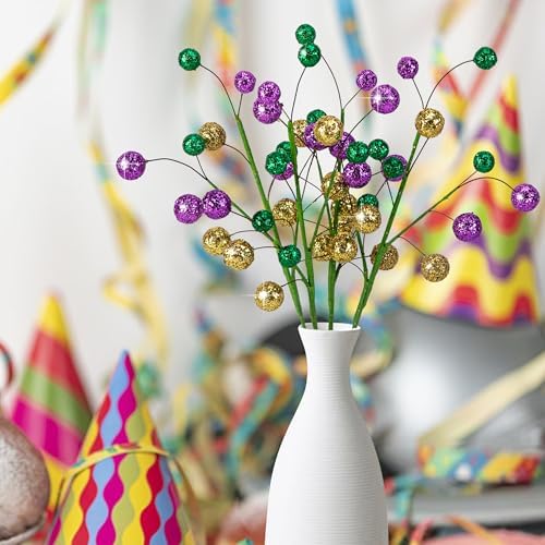 Watayo 4 Pack 15" Large Mardi Gras Ball Centerpiece Stems, Mardi Gras Artificial Glitter Berry Stems Ornaments, Shiny Purple Gold Green Berry Branches Twigs Picks Sprays for Carnival Party Home Decor