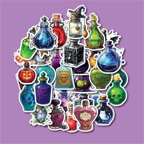 30PCS Halloween Potion Bottle Stickers Pack – Cute Witchy Magic Spell Jar Vinyl Stickers for Water Bottles, Laptops, Scrapbooks, Journals, Kids and Adults