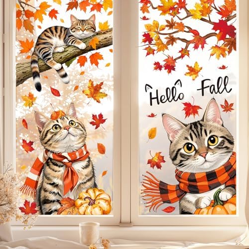 JarThenaAMCS 9 Sheets Hello Fall Window Clings Autumn Cat Maple Leaves Window Stickers Double-Sided Glass Decals for Thanksgiving Home Classroom Office Party Decoration