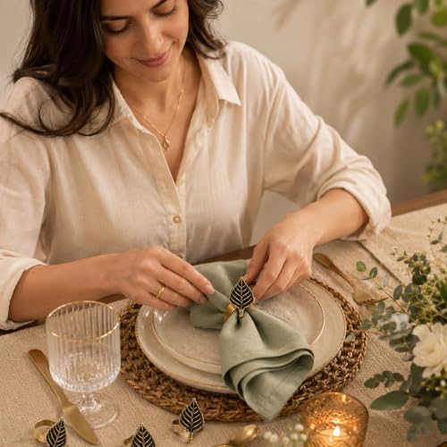 ALPHA Living HOME Set of 12 Napkin Rings for Farmhouse Decor Premium Metal Leaf Dinnerware Napkin Holders Thanksgiving, Christmas, and Easter Table Setting (Antique Gold)