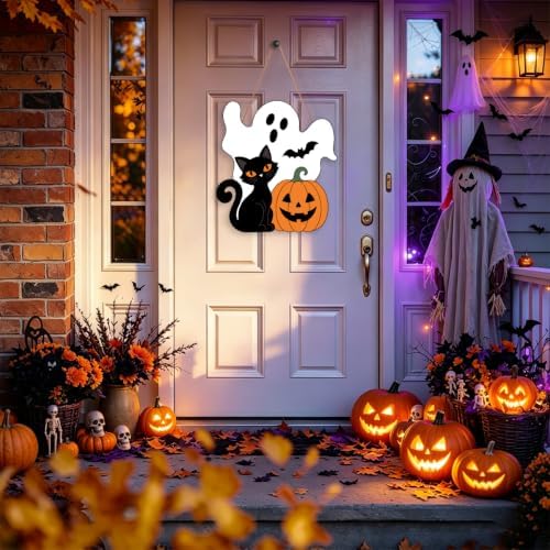 Halloween Ghost Wreath for Front Door Wooden Black Cat Pumpkin Door Decor
