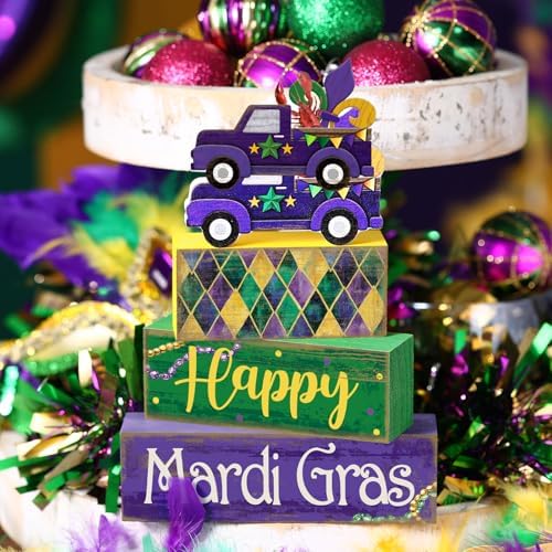 Lineshading 4 Pcs Mardi Gras Tiered Tray Decor Wooden Blocks, Truck