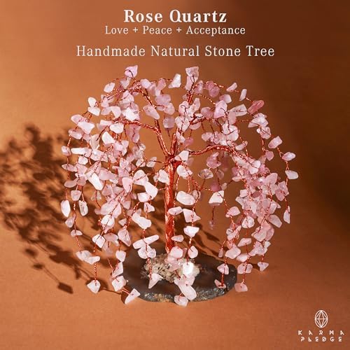 KARMAPLEDGE Chakra Tree of Life Birthday Gifts for Women, Home and Office Decor, Handmade Rose Quartz Crystal Tree for