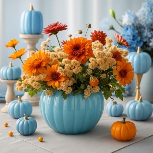 3 Pcs Ceramic Pumpkin Vase 5.5" White Orange Blue Pumpkin Decor Fall Vase