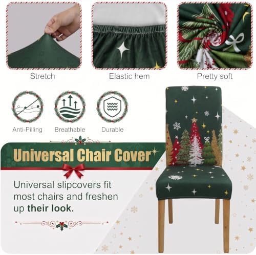 Christmas Chair Covers Set of 4, Xmas Tree Dining Chair Slipcovers,Elastic Removable Washable Dining Parsons Chair Protectors,Christmas Decor for Home Green