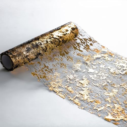 2 Pcs Black and Gold Table Runner, Glitter Metallic Foil Mesh Roll 108"