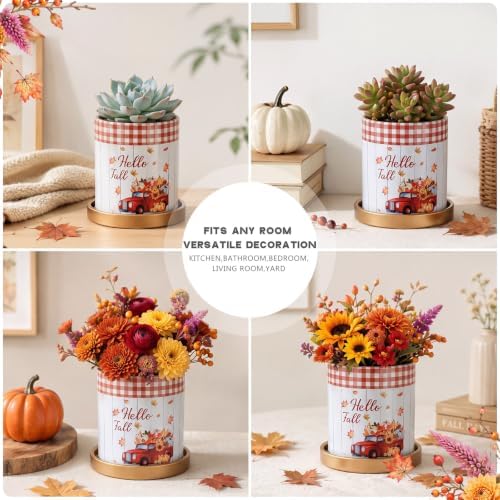 2 Pack Mini Fall Planter 4.3" Ceramic Hello Fall Succulents Pots with Tray