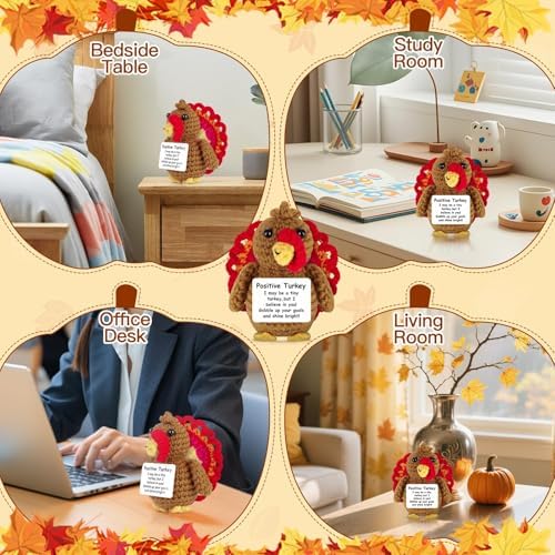 Thanksgiving Turkey Positive Crochet Gifts Emotional Support Crochet Turkey with Positive Card for Women Family Friend Inspirational Handmade Thanksgiving Birthday Gift for Fall Home Desk Basket Decor