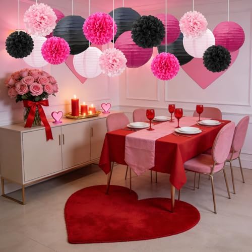 18 PCS Black Pink Paper Lanterns & Tissue Paper Pom Poms for Girls Birthday, Baby Shower, Wedding, Bridal Shower, Hanging Paper Decor for Indoor Outdoor Events Party Supplies