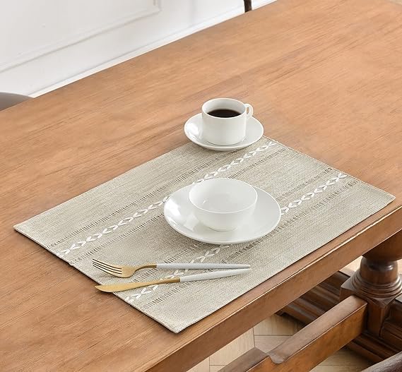 Wracra Cotton Linen Place Mats, Coffee Embroidered Placemats Set of 6 | Placemats 12 x 18 Inch; Cotton Linen Woven