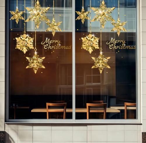 Christmas Tree Window Clings Stickers for Glass, Golden Christmas Snowflake Windows Static Stickers, DIY Wall Window Door Mural Showcase Decal Sticker (2 Pack Style B)