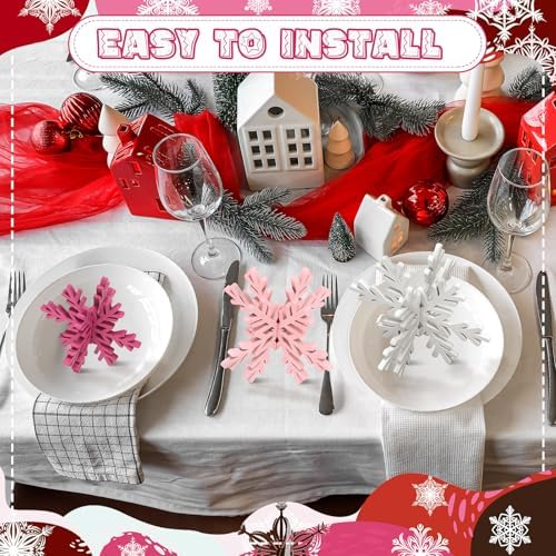 Bucherry 12 Pcs Wooden Snowflakes Table Decor,White, Pink, Rose Red
