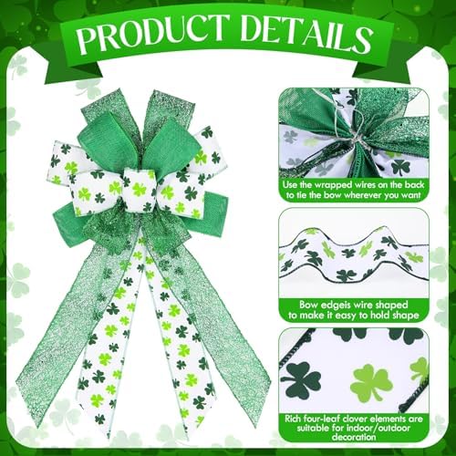 Suncalla 4 Pack Large Spring Bows for Wreath 21x11 Inch Green Shamrock Tree Topper Bow Clover Burlap Bowknot Holiday Crafts with Wired Edge for Basket Front Door Wall Outdoor Decor Ornament
